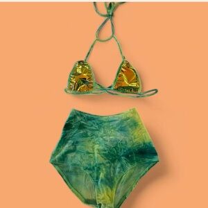 Green velvet bottoms w/ iridescent bikini top